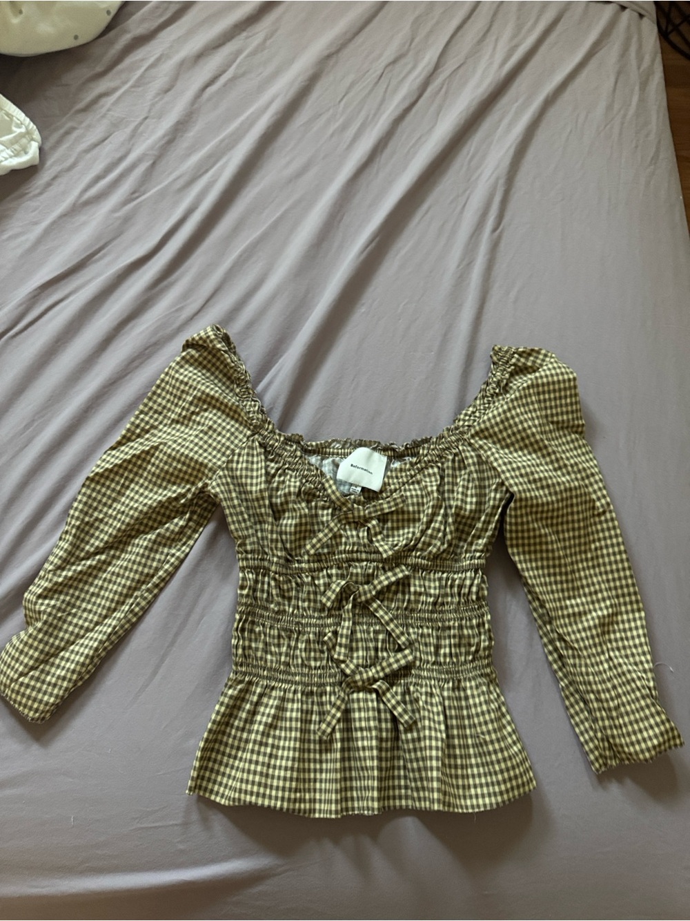 Reformation Olive Green Gingham Smocked Peplum Top